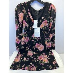 Oak & Trellis V Neck Lace Trimmed Slit Long Sleeve Mini Dress Women XS New